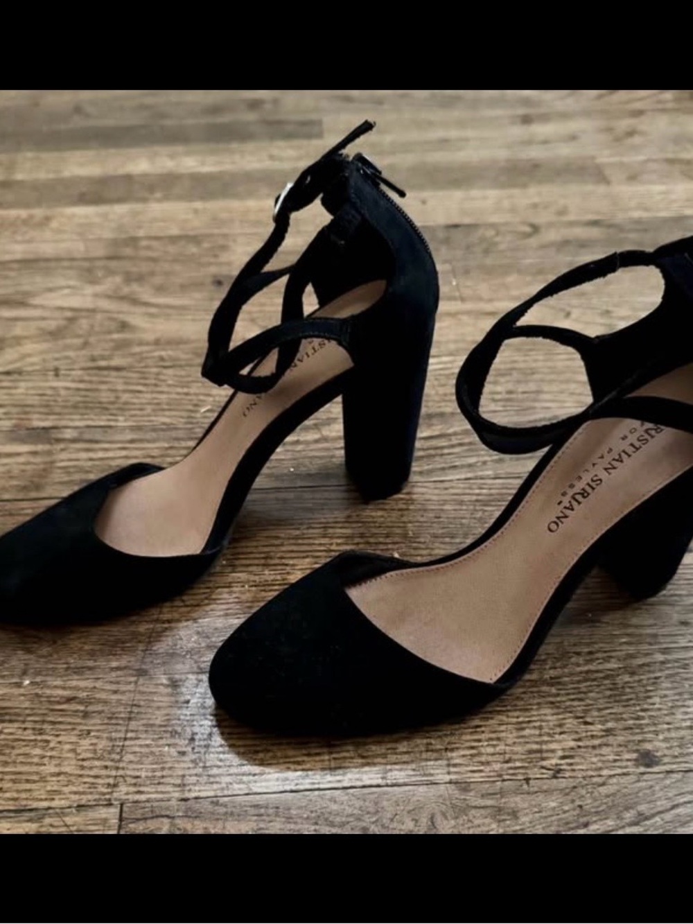 Black Suede Block Heel Ankle Strap Pumps